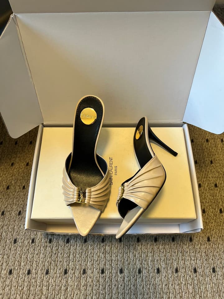 Saint Laurent Ruched Leather Mules – 26SS in Beige
