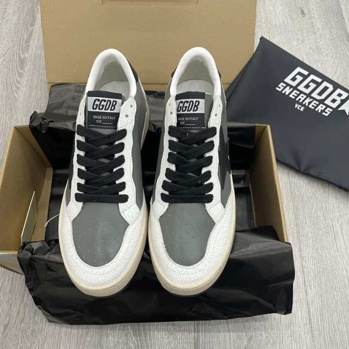 Golden Goose Ball Star Distressed Sneakers – 2023 Spring Collection in Grey Patchwork Black Star