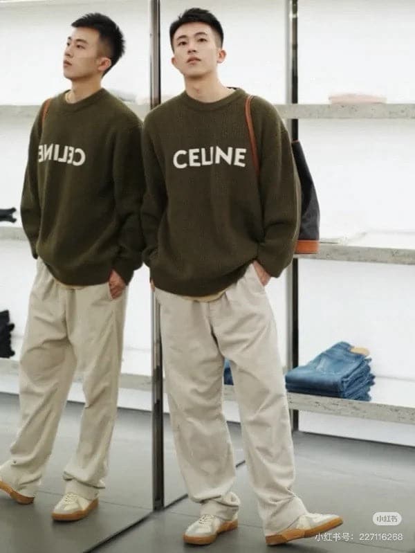 Celine Classic Embroidered Crewneck Sweater in Army Green