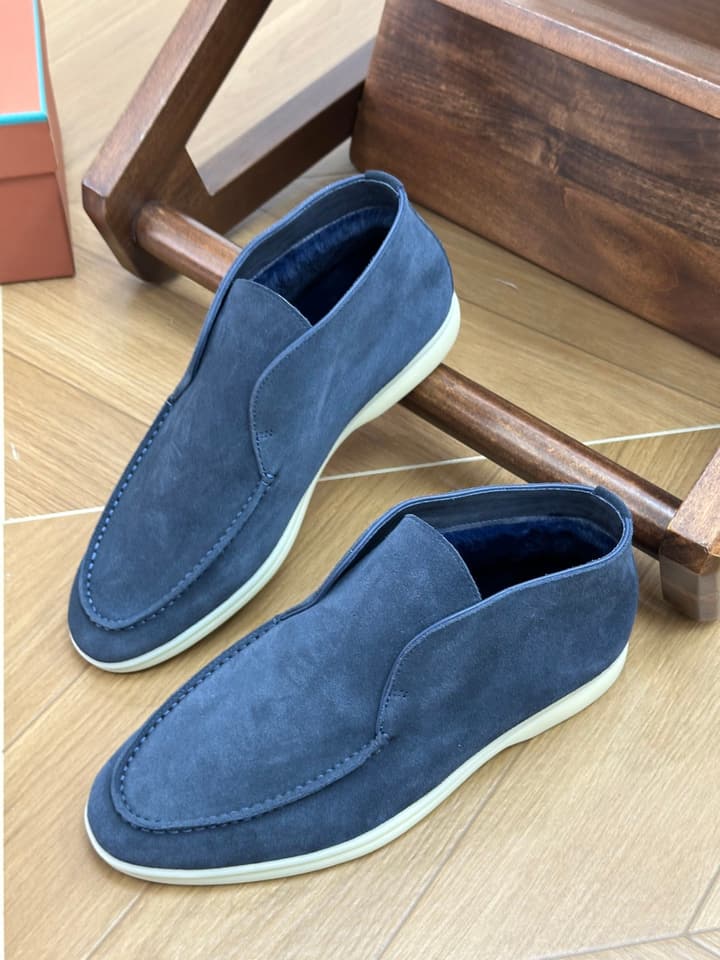 Loro Piana Men's Luxury Fur Boots in Navy Suede