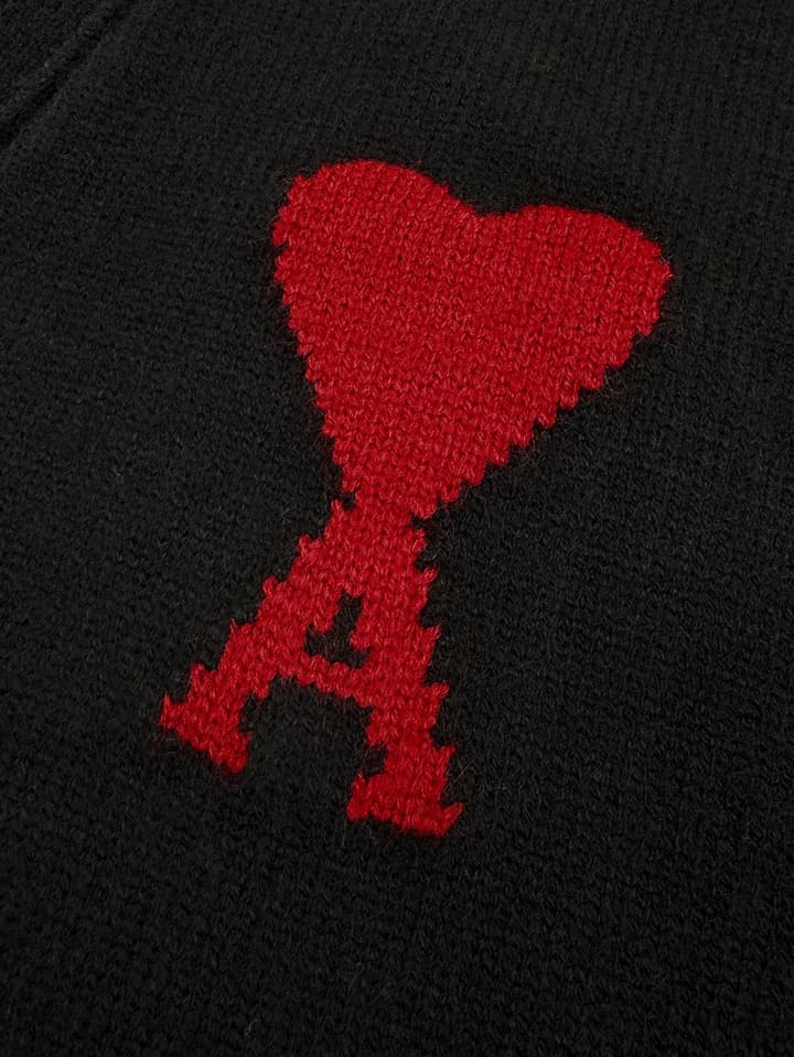 Ami Paris Heart Jacquard Merino Cardigan in Black With Red Heart Logo