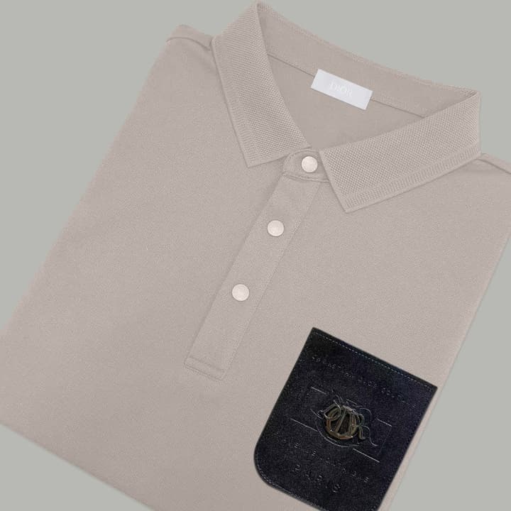 Dior Silk Long Sleeve Polo Shirt with Metal Patch in White With Solid Pocket