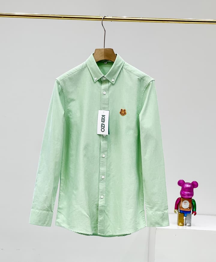 Kenzo Gold Embroidered Tiger Head Oxford Long Sleeve Shirt in Green