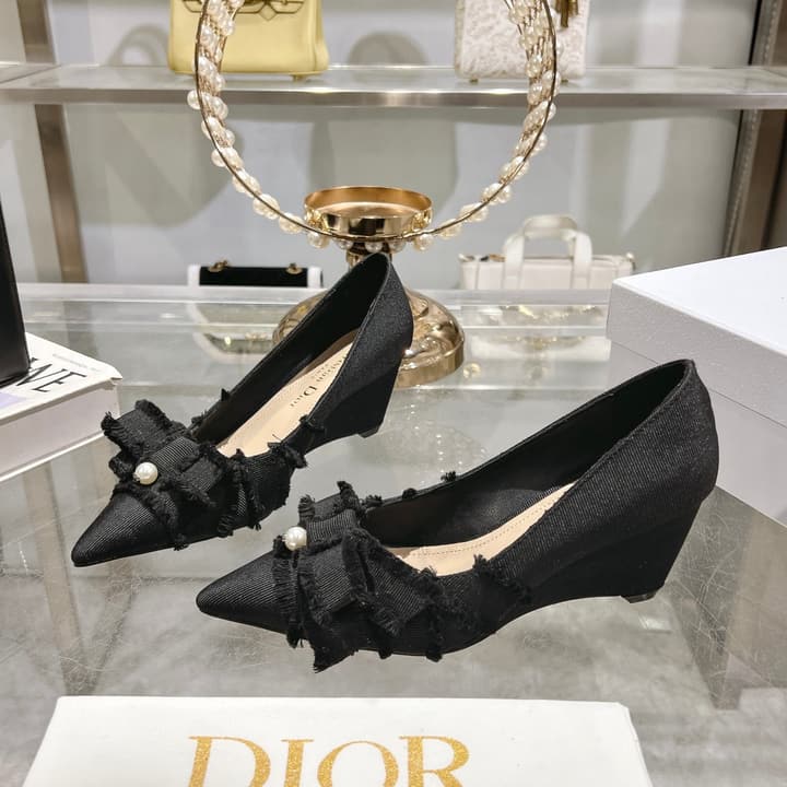 Dior Adiorable Bow Pearl Wedge Pumps in Black Ruffled Bow