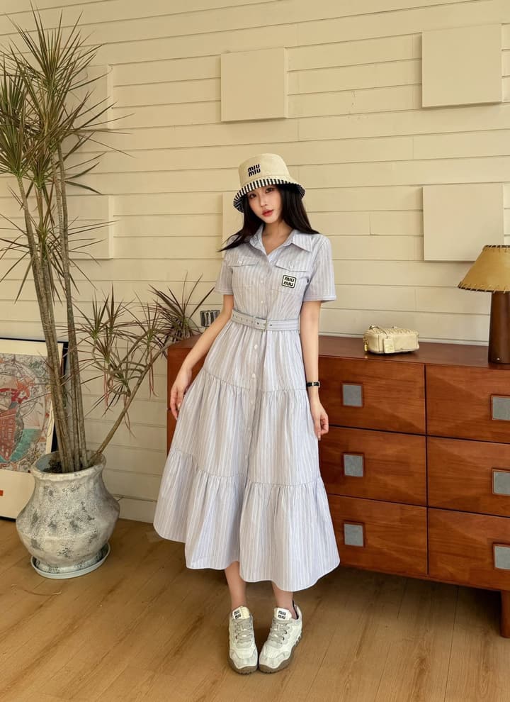 Miu Miu Striped Short-Sleeve Tiered Dress – Spring/Summer Collection in Light Blue