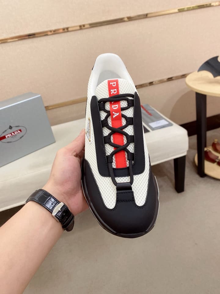 Prada Men's Leather Mesh Sneakers – New Collection in Light Grey With White Logo
