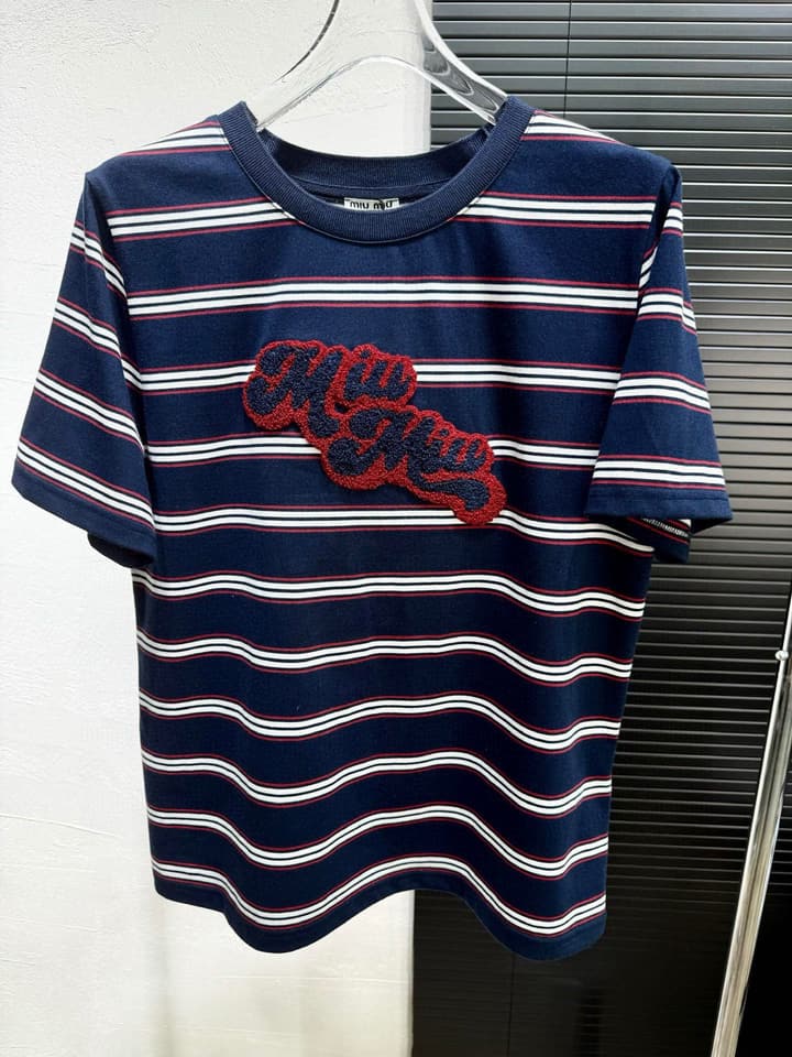 Miu Miu Embroidered Striped T-Shirt in Cream Striped