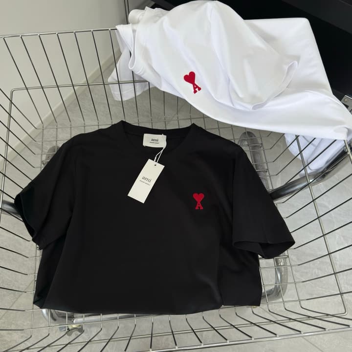AMI Paris Small Logo Embroidered Cotton T-Shirt in Classic Black