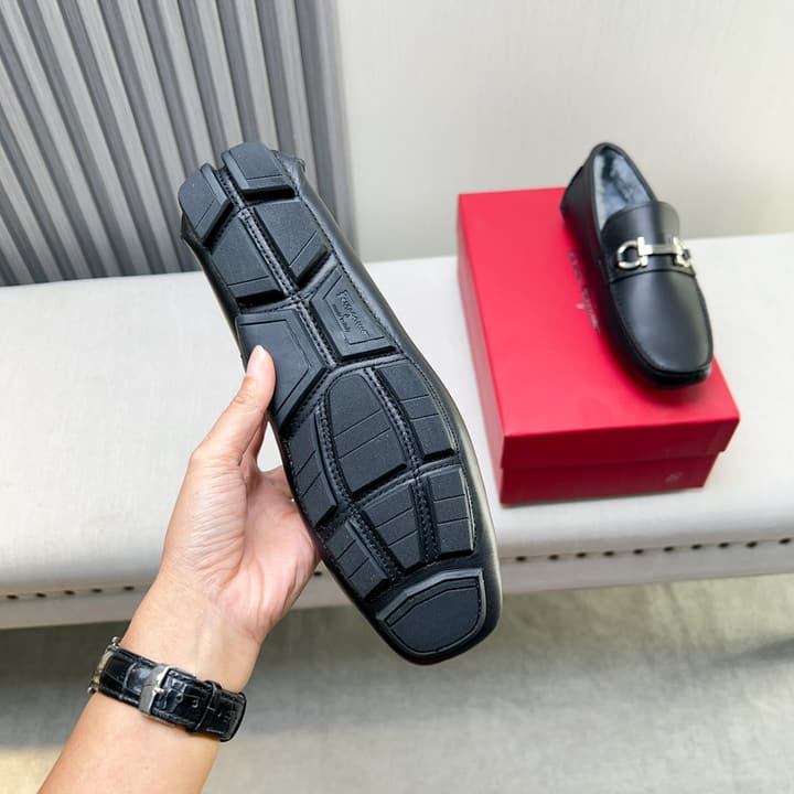 Ferragamo Imported Cowhide Fur-Lined Loafers in Black Patent Leather