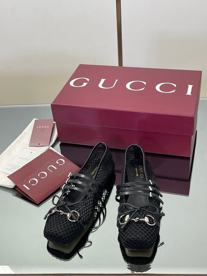 Gucci Horsebit Mesh Square-Toe Ballerina Flats – 25FW in Black Mesh