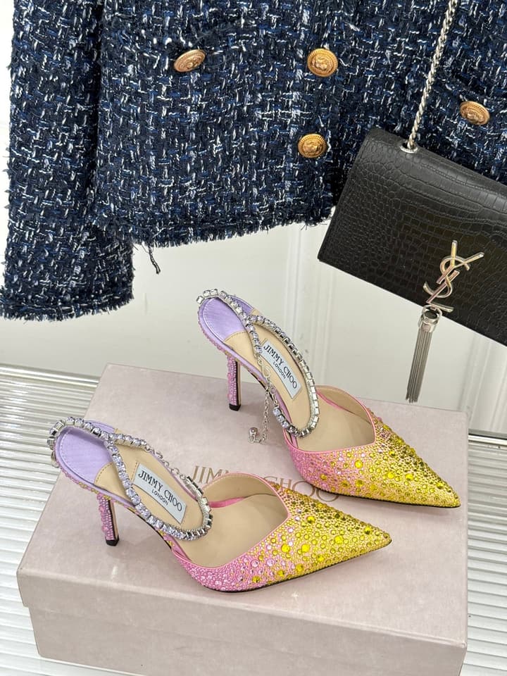 Jimmy Choo Classic Crystal Pointed High-Heeled Sandals in Lavender Yellow Ombre