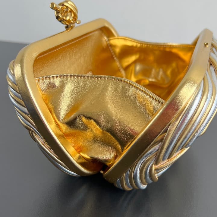 Bottega Veneta Kont Two-Tone Evening Clutch Bag in Gold And Silver Woven Leather