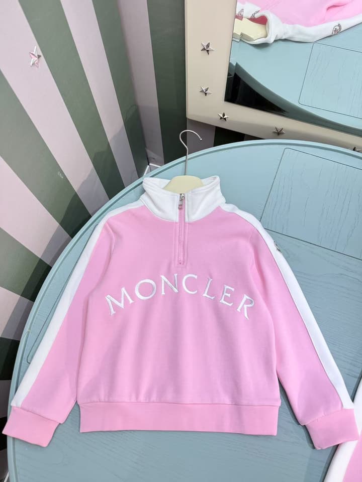 Moncler Kids Stand Collar Embroidered Tracksuit Set – 2025SS – Kids Collection in Light Pink With White Stripes