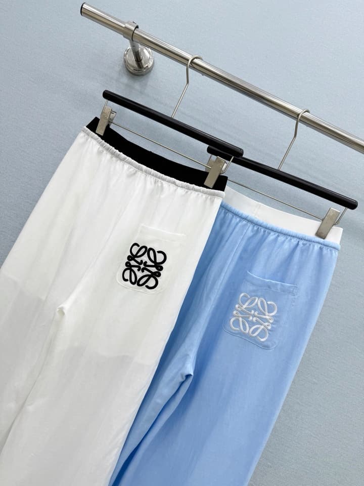 Loewe Embroidered Linen Casual Pants in Sky Blue