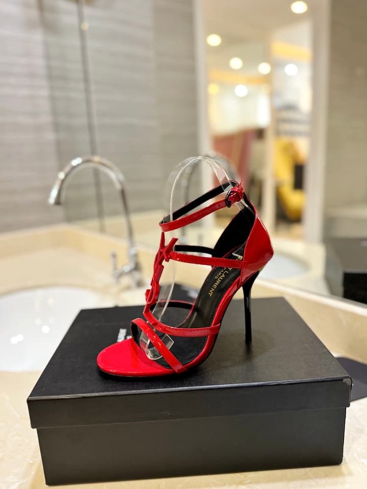 Saint Laurent YSL Logo Lacquer Heeled Sandals in Black Matte With Black Logo