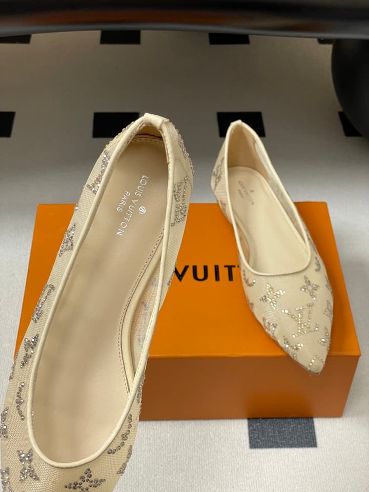 Louis Vuitton Mesh Crystal Pointed-Toe Flats – 25SS Summer Collection in Black Patterned