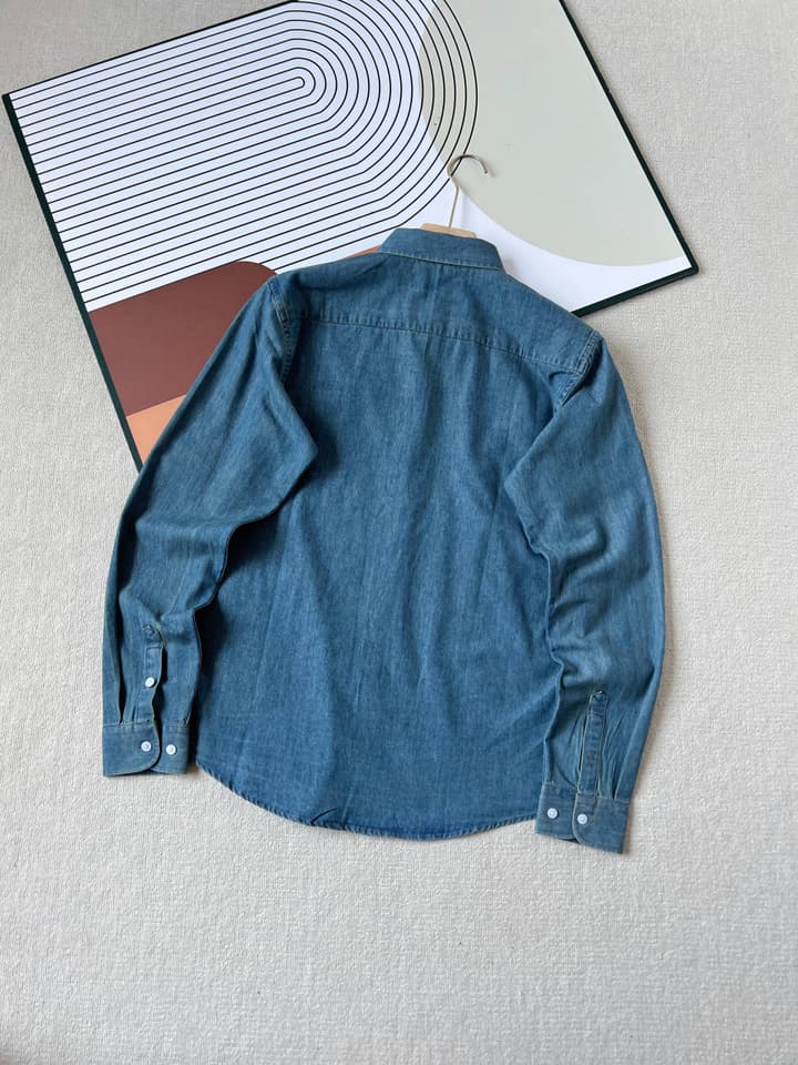 Ralph Lauren Washed Denim Shirt with Embroidered Logo in Dark Wash Denim Flat Lay
