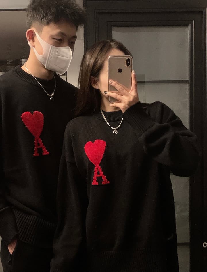 AMI Paris Heart Letter Knitted Sweater in Black With Red Heart