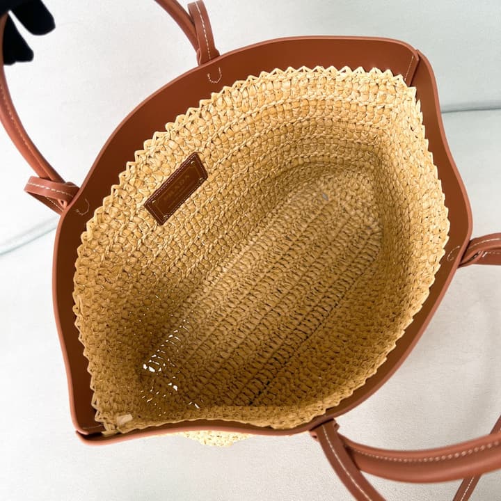 Prada Raffia and Calfskin Tote Bag – Summer Collection in Natural Raffia With Cognac Leather