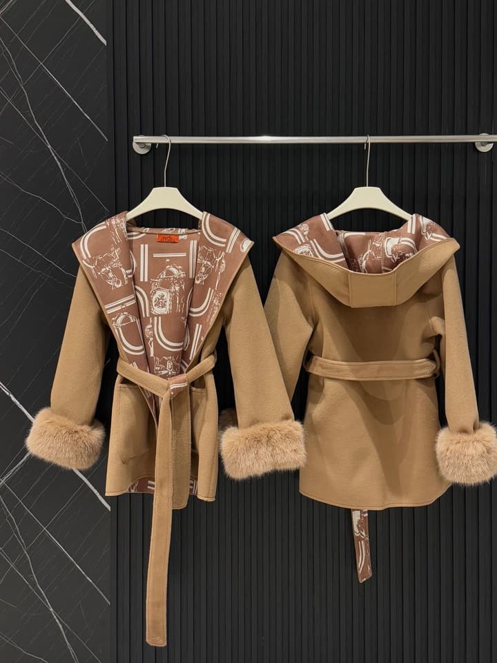 Hermès Old Money Detachable Faux Fur Sleeve Coat in Black With Patterned Reversible Side