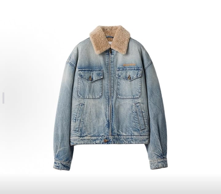 Miu Miu Washed Lambswool Embroidered Denim Jacket in Light Washed Denim With Tan Shearling