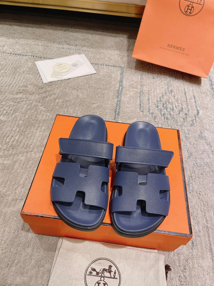 Hermès Chypre Suede Unisex Slides in Black With Dark Blue Strap