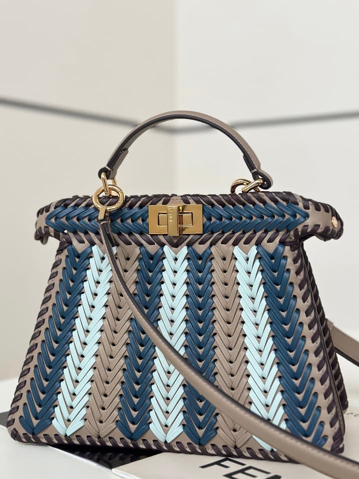 Fendi Peekaboo ISeeU Woven Leather Handbag in Blue Multi-stripe Woven