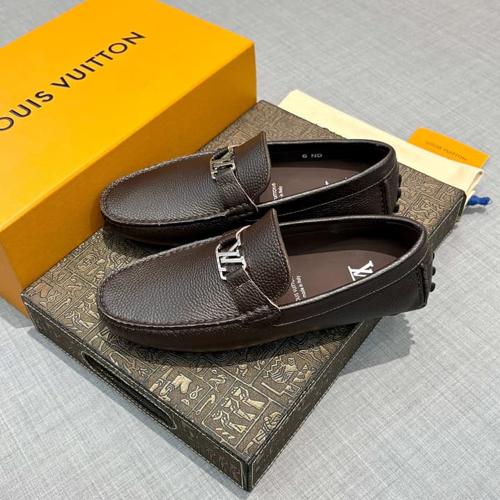 Louis Vuitton Men's Grained Leather Driving Shoes in Dark Gunmetal Hardware