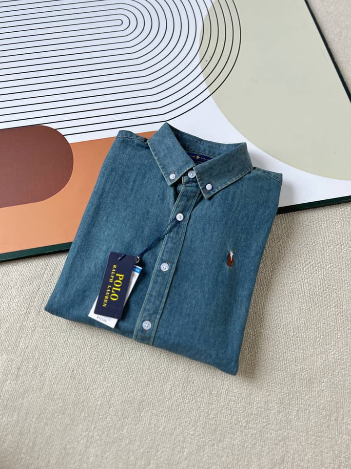 Ralph Lauren Washed Denim Shirt with Embroidered Logo in Dark Wash Denim Flat Lay