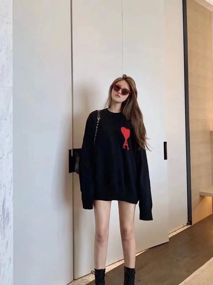 AMI Paris Heart Letter Knitted Sweater in Black With Red Heart