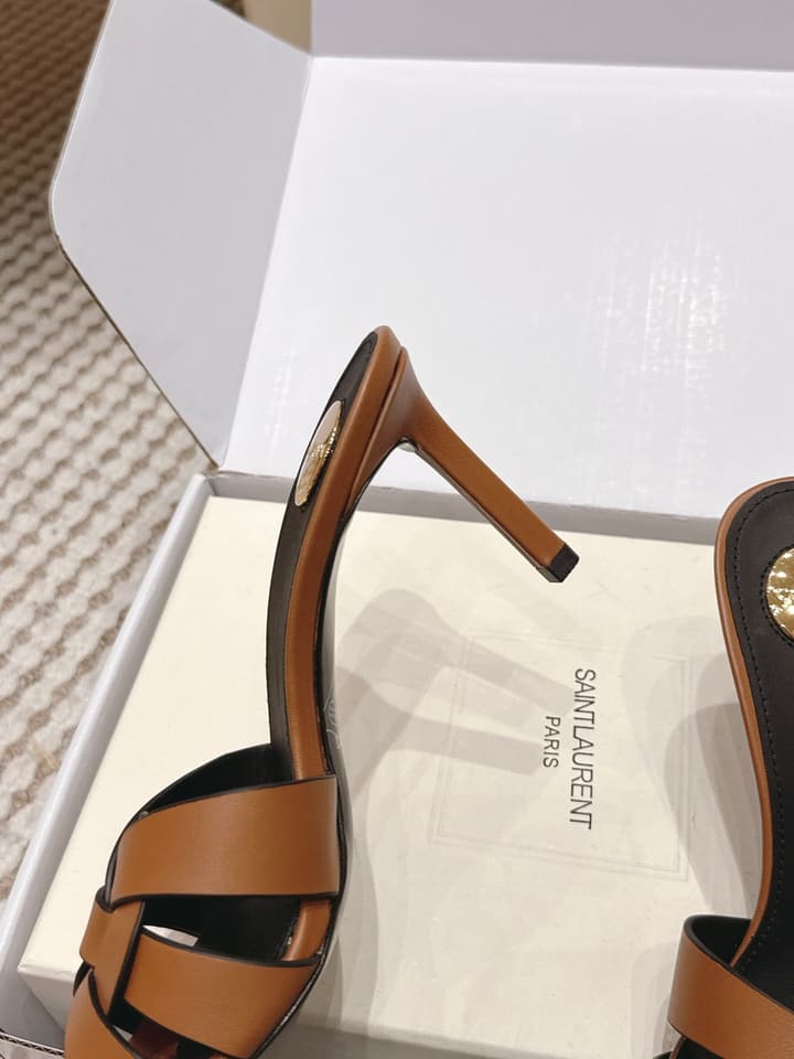 Saint Laurent Melody Square-Toe Heeled Sandals – 2026 Spring/Summer Collection in Beige Patent