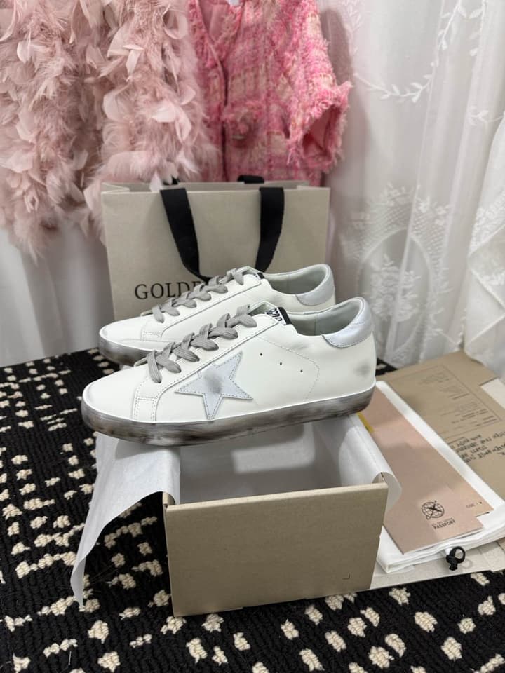 Golden Goose Super Star Rhinestone Leather Sneakers in Grey Suede Black Leather White Star