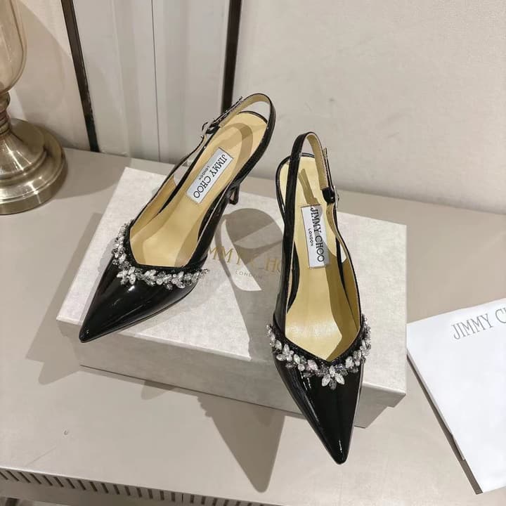 Jimmy Choo Pointed-Toe Crystal-Embellished Heeled Sandals – 2025 Summer in Black