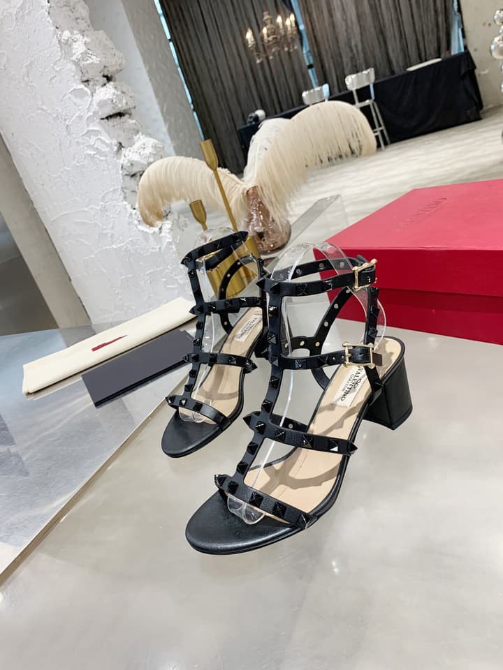 Valentino Studded Classic Block Heel Sandals in Black With Black Studs 6.5cm Heel