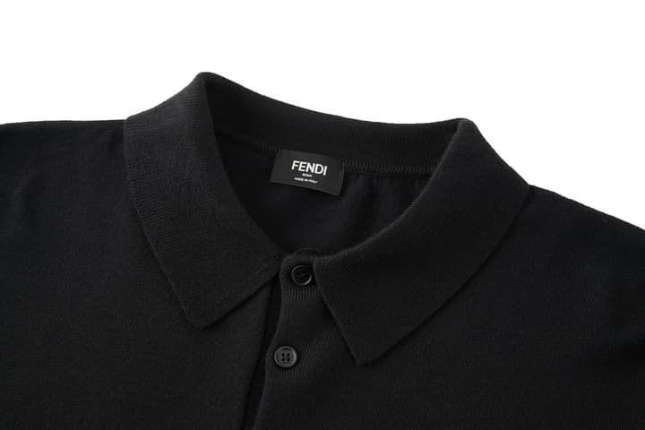 Fendi Knitted Long Sleeve Polo Shirt with Micro FF Detail in Black Knitted Polo