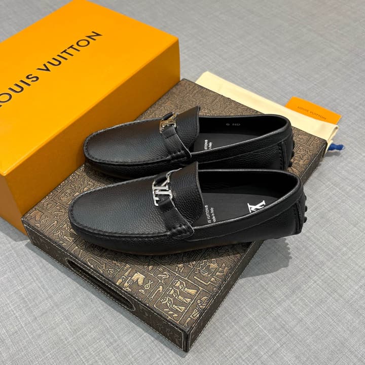 Louis Vuitton Men's Grained Leather Driving Shoes in Dark Gunmetal Hardware