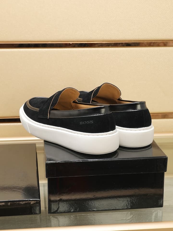 Boss Men's Luxury Leather Slip-On Loafers in Black Smooth Leather