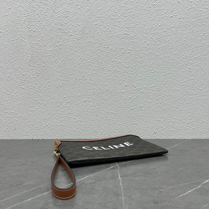 Celine Clutch Bag with Wrist Strap in Dark Monogram With Brown Trim