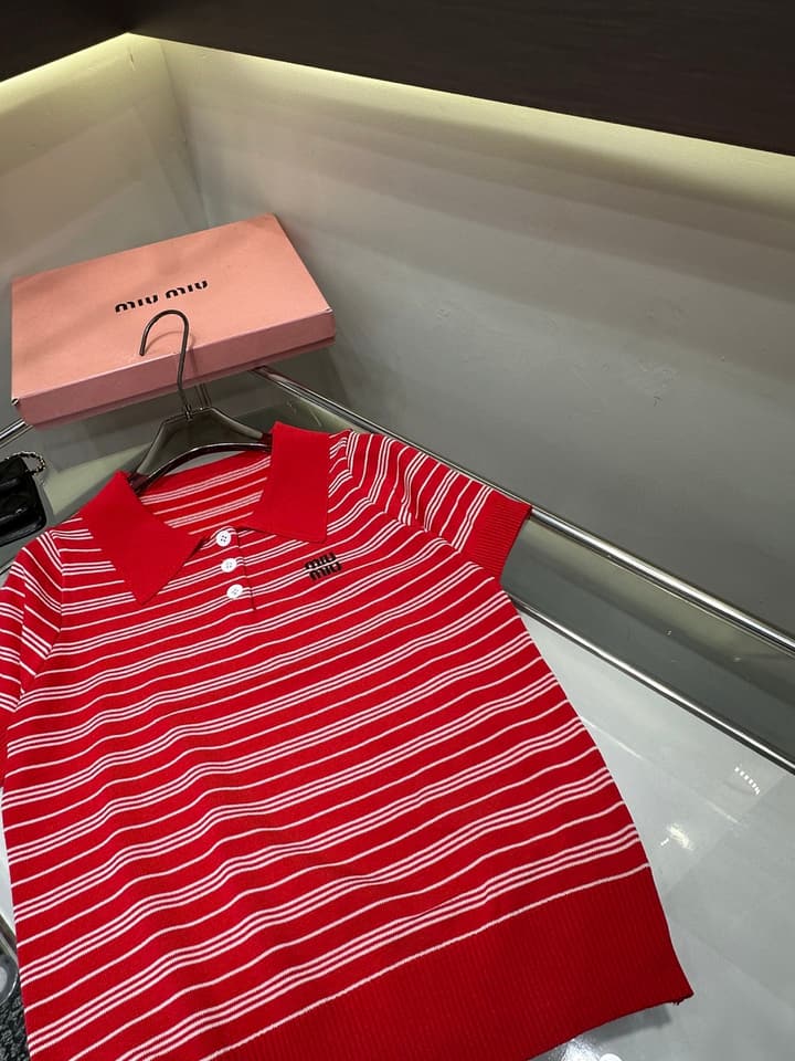 Miu Miu Embroidered Striped Knit Polo Shirt in Brown