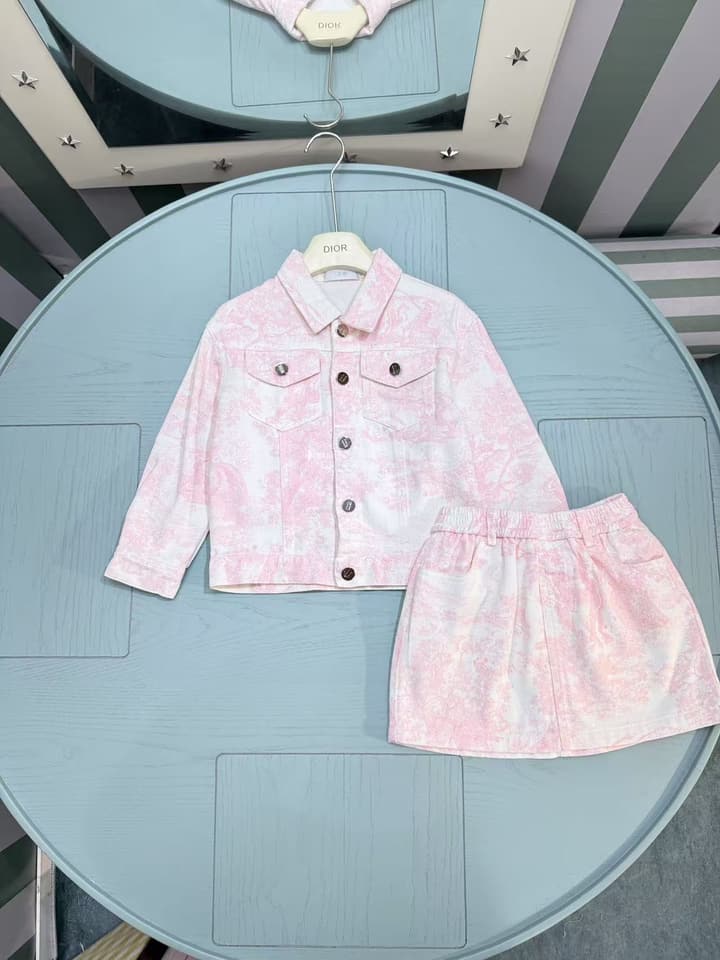 Dior Kids Printed Jacket and Skirt Set – 2025SS – Kids Collection in Blue Watercolor Print Set