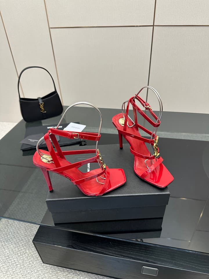 Saint Laurent Patent Leather Heeled Sandals in Bright Amber
