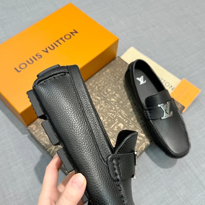 Louis Vuitton Men's Grained Leather Driving Shoes in Dark Gunmetal Hardware