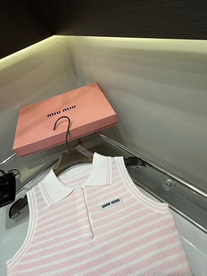 Miu Miu Striped Polo Collar Knit Vest in Pink