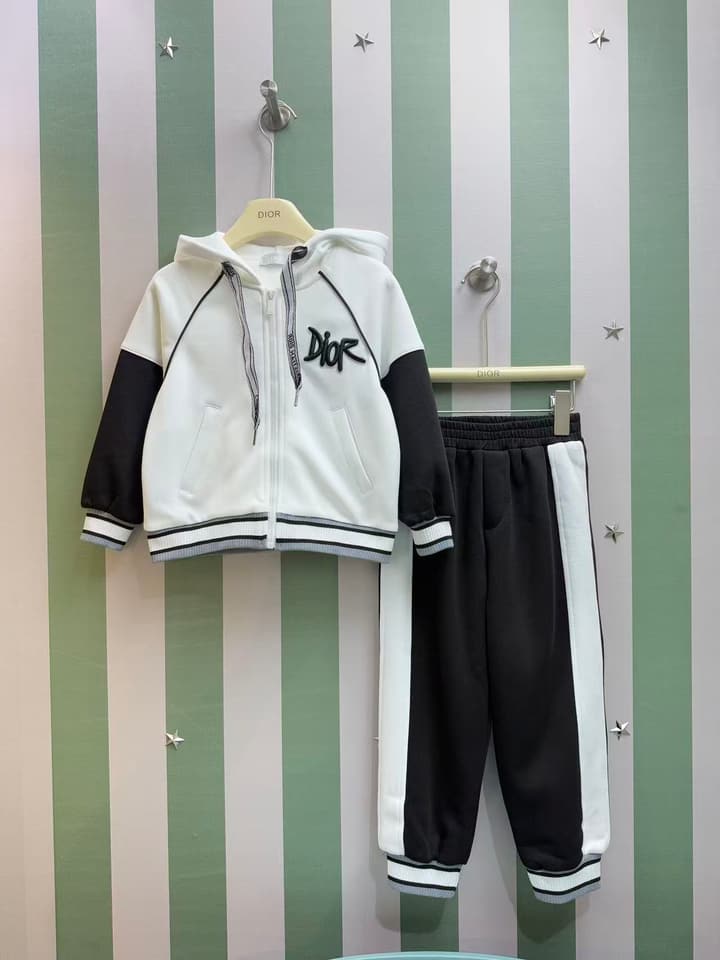 Dior High-End Children's Hooded Tracksuit Set – Kids Collection – 2025AW in Black And White Monogram