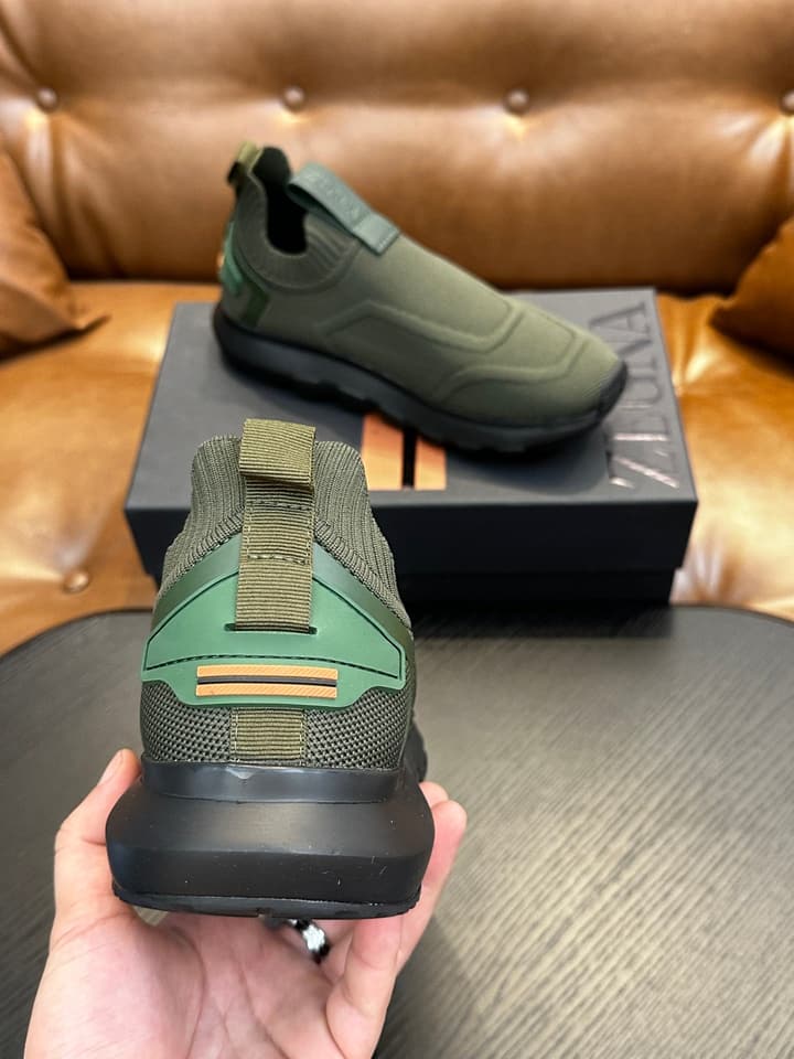Zegna Techmerino Slip-On Sneakers in Dark Navy With Green Accent