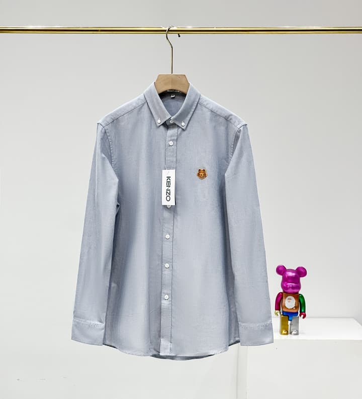 Kenzo Gold Embroidered Tiger Head Oxford Long Sleeve Shirt in Green