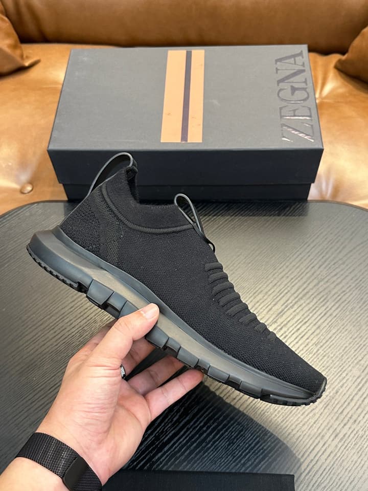 Zegna Techmerino Slip-On Sneakers in Dark Navy With Green Accent