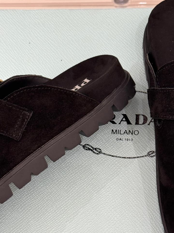 Prada Triangle Logo Birkenstock Slippers – Spring/Summer Collection in Black Suede