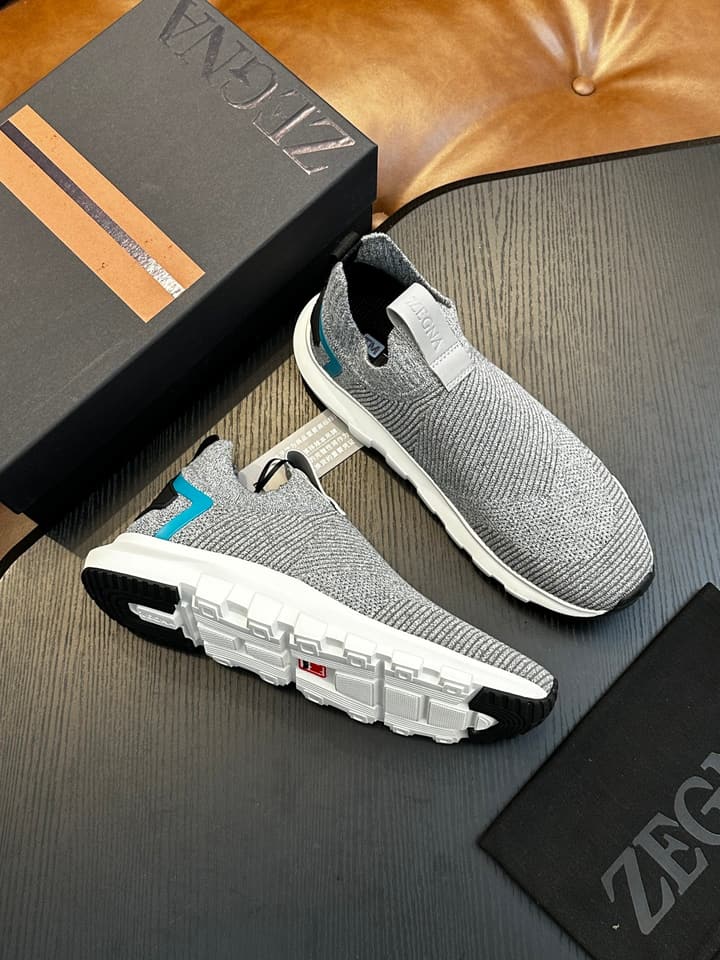 Zegna Techmerino Slip-On Sneakers in Dark Navy With Green Accent