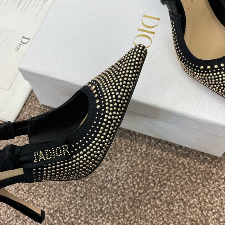 Dior J'Adior Rivet Heeled Sandals – 2024SS in Black Glitter Toe Slingback